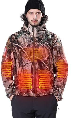 DEWBU Heated Jacket for Men with 12V Battery Pack Winter Outdoor Soft Shell Electric Heating Coat, Men's Tree, XL
