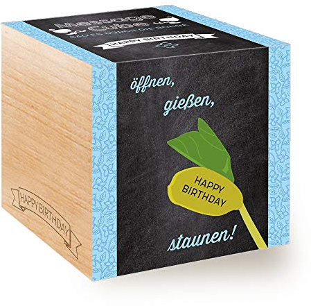 Feel Green Message Cube, Holzwürfel Mit Lasergravierter GlücksbohneHappy Birthday, Nachhaltige Geschenkidee, 100% Eco Friendly, Anzuchtset, Made in Austria