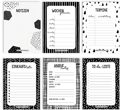 Papierdrachen 6 Notizblöcke für Termine, Wochenplaner, to do Liste, Einkaufslisten und mehr - Tagesplaner und Wochenplaner Schwarzweiß - Ideal für Schule, Uni und Haushalt - Notizblock - DIN A6