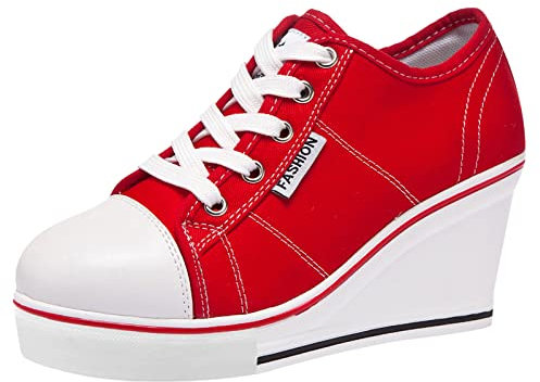 ANUFER Mujer Tacón de Cuña con Cordones Lona Zapatos Deportivos Alpargatas SN02435 Rojo EU36