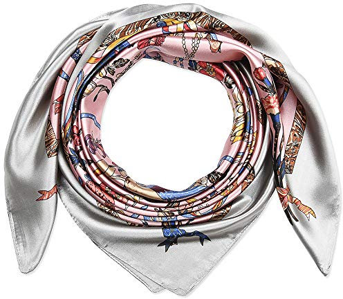 corciova Women's 35x35 Polyester Silk Feeling Square Hair Neck Scarf, Trolley Grey Pink Flower and Bird Kingdom