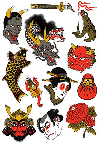 Tatsy The Japanese Set, Waterproof Temporary Tattoos Party Cover Up and For Men and Women, Asian Culture Patterns Designs Motifs Shapes, Samurai Sword Dragon Warrior Flower Geisha Frog