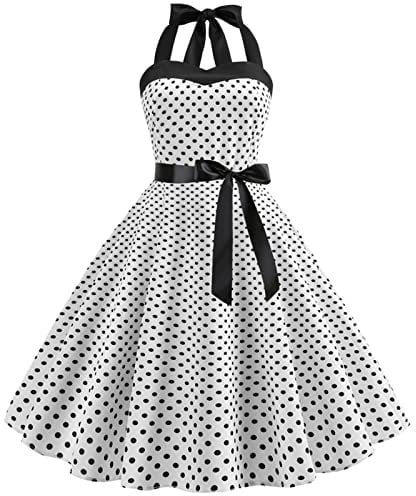 IMEKIS Damen Vintage Cocktailkleid Ärmellos Neckholder 1950er Polka Dots Retro Rockabilly Swing Kleid A Linie Faltenrock Knielang Hochzeit Festlich Abendkleid Ballkleid Weiß M