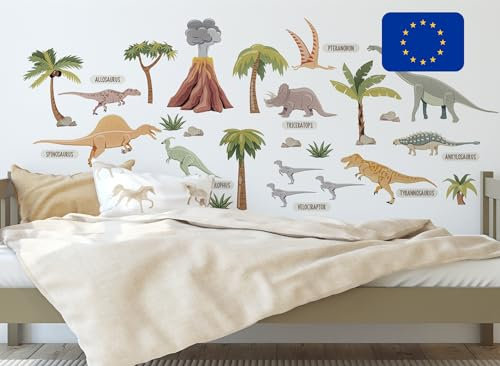 Osomhome Dino Wandtattoo Dinosaurier (130x85cm)I Wandsticker Dinosaurier Wandaufkleber | Dino Deco Kinderzimmer Junge & Mädchen I Vulkan Baum Velociraptor Brachiosaurus Ankylosaurus Stegosaurus os3237