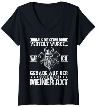 Damen Axt Holz Hacken Totenkopf Wikinger T-Shirt mit V-Ausschnitt