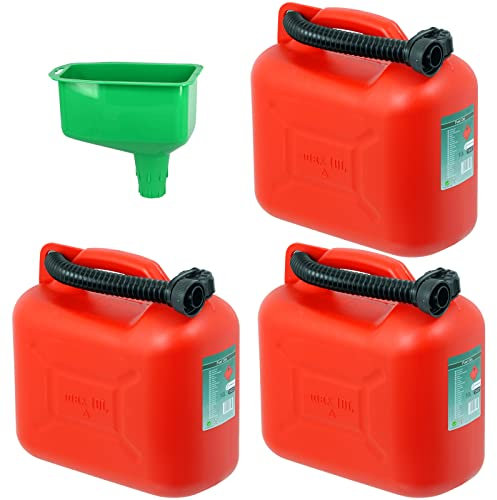 SPARES2GO Bidon de carburant 10 litres avec bec flexible (lot de 3) + entonnoir
