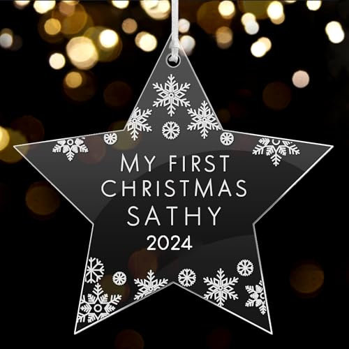 Christmas Baubles Personalised Xmas Tree Acrylic Decorations Customised First Christmas Ornaments Keepsake Gift with Any Word for Daughter Son Wife Husband Family Home 2025 (Star)