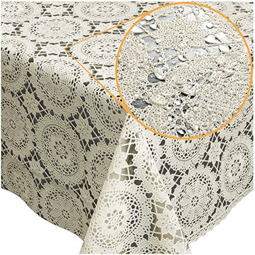 Tischdecke abwaschbar Wachstuch Lace Vinyl Häkel Spitze Optik 200 x 138cm Kreise Creme abwischbar