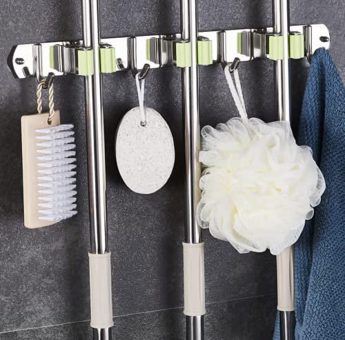 Portascope Da Muro Appendibile,RODMAIE Porta Scope Parete,Porta Scopa Adesivo Da Parete, Con 3 Supporti e 4 Ganci, Per La Casa, La Cucina, il Bagno, il Giardino, il Garage - Verde (Verde)