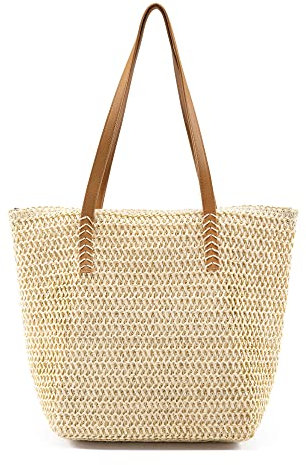 Faletony Stroh Strandtasche Flechttasche Strohtasche Groß Umhängetasche Sommer Shopper Handtasche Einkaufstasche Korbtasche für Strand Reise Einkauf (Stil 2-Beige)