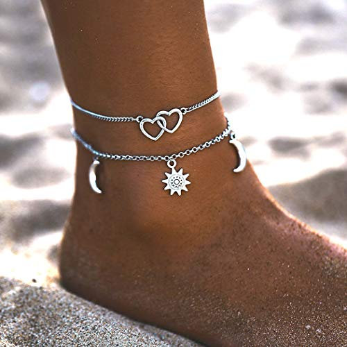 Wedity Vintage Soleil et Lune Bracelets de Cheville Argent Simple Amour Coeur Cheville Bracelets 2 Couche Accessoires D'été Plage Pied Bijoux Réglable pour Femmes Filles