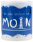 Fördeblau Maritime Keramiktasse im Leuchtturm Design mit Spruch auf Plattdeutsch 'Bi uns seggt wi Moin' – 330ml Motivtasse als Geschenkidee für Nordsee- und Ostsee Liebhaber