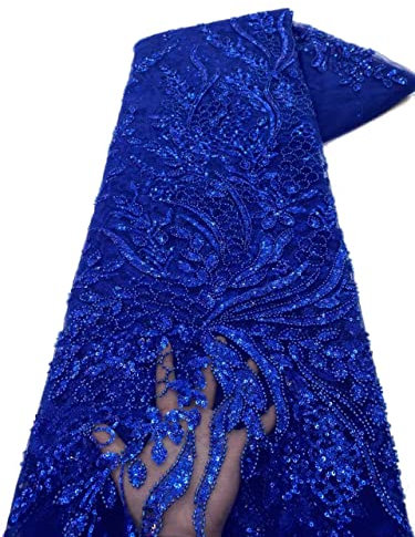 Tngan Botanische Blume Pailletten Französisch Spitze Stoff Perle Heavy Craft Tüll Net Stoff für Trailing Kleid, 4,5 Meter, Königsblau