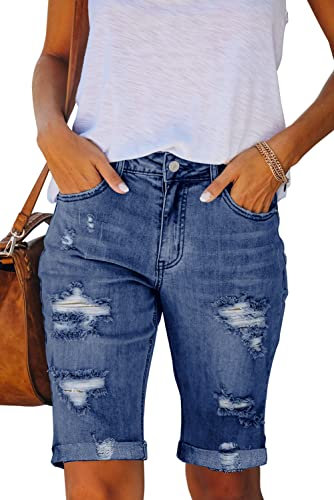 Necooer Damen Sommer Casual Denim Shorts Doppelknopf Zerrissene Jeans Aufgerollt Stretchy Hot Short(XXL,09-Blau)