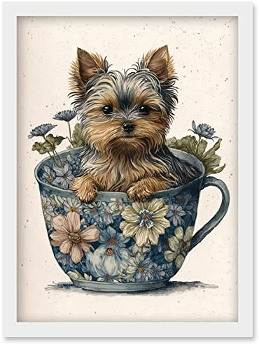 Artery8 Cute Teacup Yorkshire Terrier Dog and Flowers in Floral Tea Cup Modern Watercolour Illustration Artwork Framed Wall Art Print A4