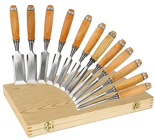Stechbeitel Set für Holz, 12-Teilig Holzmeißel Set, Holz Stemmeisen Set mit Holzkiste, Stecheisen Satz, Drehmeißel Set, Schnitzwerkzeug