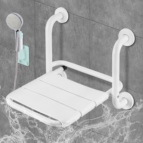 YUCHENGTECH Wall Mounted Folding Shower Seat, Folding Bath Seat, Foldable Shower Chair with Grab Bar, Fold Up Shower Stool,Space-Saving Non-Slip Folding Bath Bench for Elderly Disabled Adults Pregnant