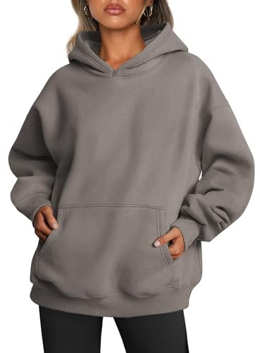 Famulily Damen Winter Basic Kapuzenpullis Langarm Fleece Warme Sweatshirts Soft Loose Fashion Thermal Tops mit Taschen Kaffee S