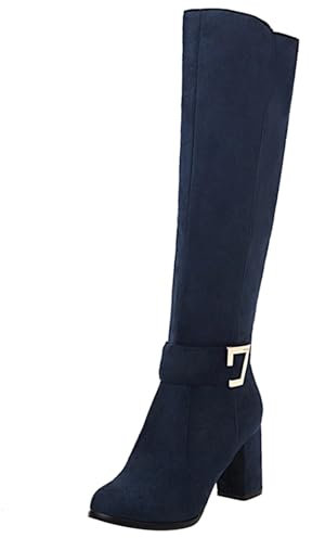 Joliss Donna Stivali Chelsea Blu Houmao Tacco a Blocco 7 cm Punta Rotonda Fibbia Suede Sintetico Sera Elegante 38 EU