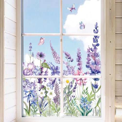 JarThenaAMCS 69 calcomanías de lavanda para ventana de primavera y verano, diseño de mariposa de lavanda floreciente, calcomanías de vidrio floral de acuarela de doble cara para decoración del hogar