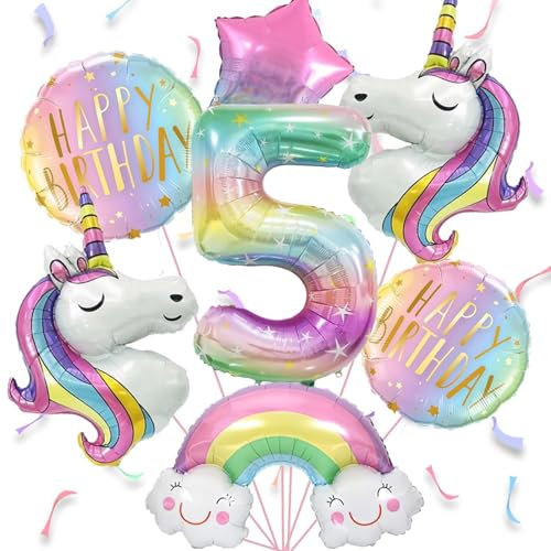 Luftballon Einhorn 5 jahre, 7pcs Luftballons Geburtstag 5 Regenbogen, Luftballons Geburtstag Mädchen 5, Geburtstagsdekoration für 5-Jährige Mädchen