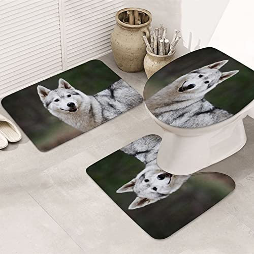 Badezimmermatte, dreiteiliges Set saugfähiger und rutschfester Bodenmatten,Winter Alaskan Schöne Siberian Husky Tiere Haustier Wildtiere Reinrassige Welpen Natur,verwendet für Badezimmer und Duschen