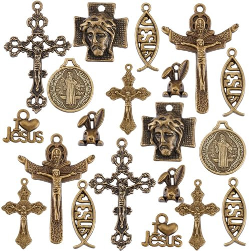 PH PandaHall 80PCS Legierung Kreuz Charms Anhänger, 8 Stil Antike Bronze Katholischer Rosenkranz Jesus Kruzifix Kreuz Charms Kaninchen Fisch Herz Kronleuchter Links für Ostern DIY-Schmuck machen