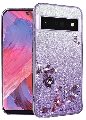 Kainevy Phone Case for Google Pixel 6 Case Clear Glitter Pink Floral for Women Girls Cute Pretty Sparkle Cover Google Pixel 6 Phone Case Shockproof Soft Silicone TPU Slim Bling Luxury (Purple)