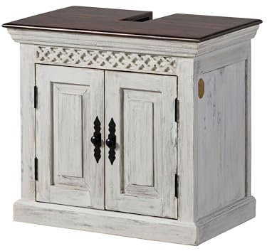 MASSIVMOEBEL24.DE Waschbeckenunterschrank Mango/Akazie 66x41x60 weiß gewachst Castle-ANTIK #111, Farbe:weiß gewachst, Größe:66x41x60 cm (BxTxH)