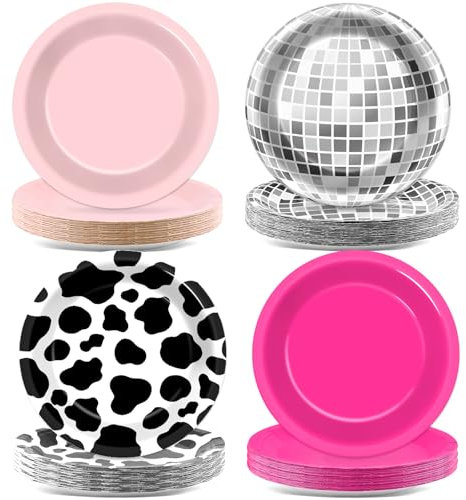 48Pcs Western Cowgirl Party Paper Plates for Cow Print Themed Party Supplies 7 Hot Pink Disco Ball Disposable Dessert Plates for Cowgirl Birthday Bachelorette 80s 90s Disco Shower Party Decorations