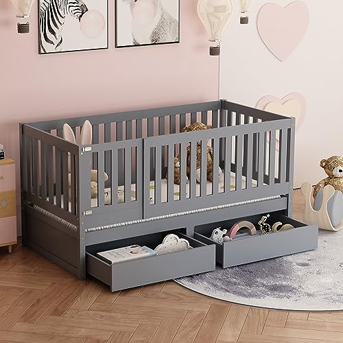 Kinderbett mit 2 Schubladen, Montessori Bodenbett 90x200 mit Tür inkl. Rausfallschutz und Lattenrost, Mehrzweckbettrahmen umbaubar in zwei getrennte Betten, Massivholz Gitterbett Babybett, Grau