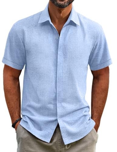 GLESTORE Hemden für Herren Hemd Kurzarm Button Down Freizeithemd Männer Regular Fit Shirt Hell Blau XXL
