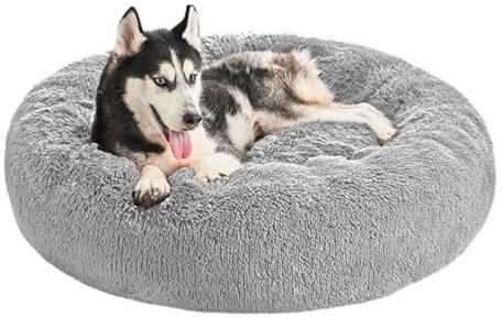 Domarex Weiches Hundebett für große Hunde und Katzen - rundes Shaggy-Bett mit hohen Rändern - Anti-Rutsch-Boden - Silikonfüllung - komfortabler Schlafplatz - 90 cm - Bequem & langlebig - Grau