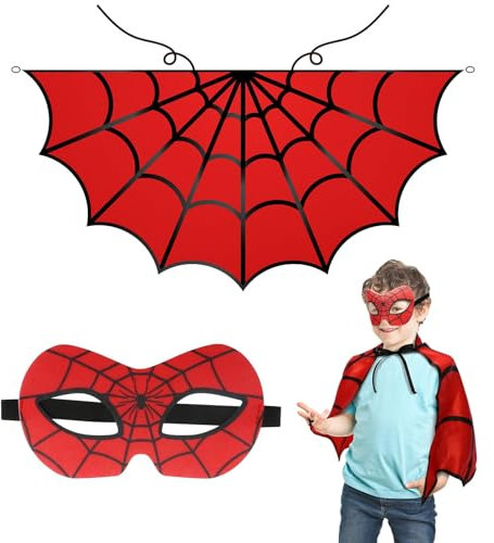 DKINY 2 Stück Spinnen Kostüm Kinder Schwarz Rot Spinnenumhang mit Maske Spinnennetz Umhang Spider Kinderkostüm Spinnenkostüm Cosplay Zubehör für Halloween Karneval Fasching