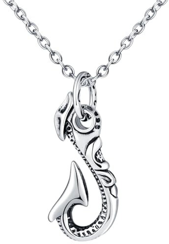 INFINIONLY Mens Stainless Steel Necklace Creative Fish Hook Pendant with 55cm Chain Vintage Carved Floral Necklace Amulet Necklace Accessories for Teenagers
