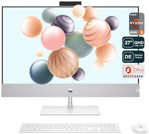 HP Pavilion All-in-One Desktop PC, AMD Ryzen 5 5500U, 32 GB DDR4 RAM, 2 TB PCle SSD, 27 QHD IPS Display, AMD Radeon Grafik Integriert, QWERTZ Tastatur + Maus, Windows 11 Home, White
