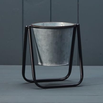 Fyne-Finds Grey Round Windowsill Zinc Flower Pot wth Metal Stand 16cm, 5inch Galvanised Planter Home Garden Decor Gift