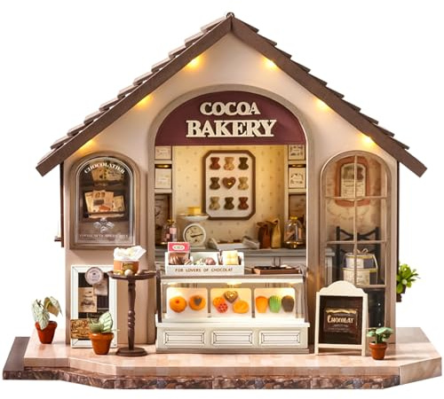 Spilay DIY Miniature House, Mini Handgefertigte Grünes Pflanzenstudio Kit Mit LED-Licht, Schutzhülle und Spieluhr, 1:24 Skala Kreative Puppenhäuser Spielzeug für Geschenk-DA-005 (Gemütliche Bäckerei)