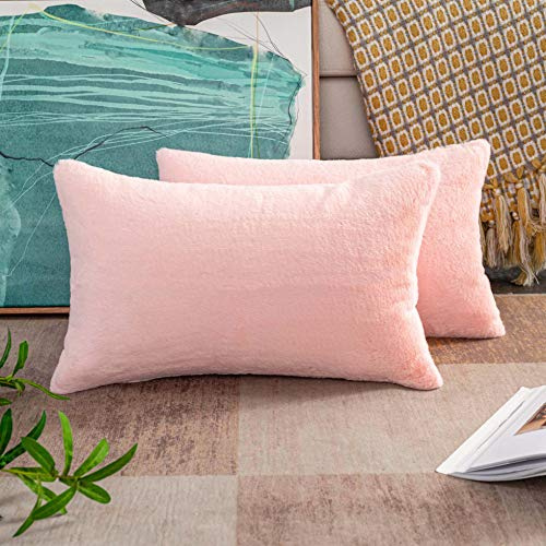 Home Brilliant Lot de 2 housses de coussin oblongues Lumabr en fausse fourrure pour canapé, lit, 30x50 cm, rose