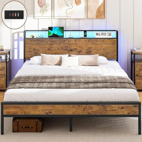 AOGLLATI Bett 140x200 mit LED Beleuchtung,Bettgestell 140x200 mit Steckdose Metallbett mit Holzkopfteil Doppelbett mit Lattenrost aus Metall,30cm Stauraum unter dem Bett Jugendbett Bettrahmen