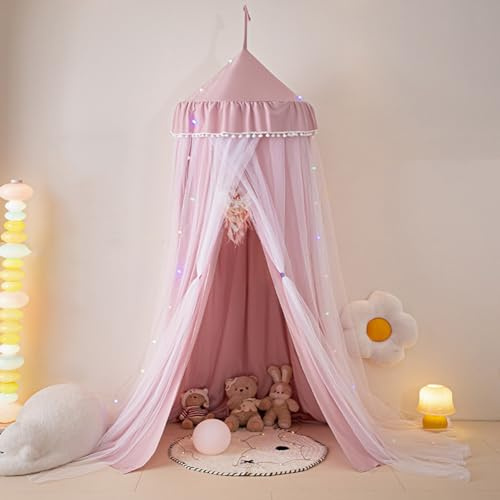 Lsimeru Rüschen Betthimmel Babybett Verdunkelung Rosa Mädchen Prinzessin Runder Kuppel Himmelbett Kinderbett Vorhang Bettvorhang Kinder Baby Moskitonnetz Mückennetz Zelt