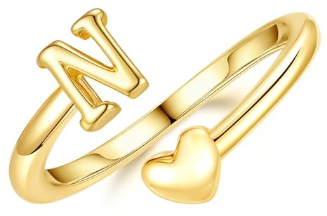 TINGN Ring Gold Damen Mädchen - 14K Gold Vergoldet Wasserfest Herz Ringe mit Buchstaben Stapelring Stapelbar Promise Daumenring Statement Goldring Geschenke für Frauen Freundin Mädchen Schmuck