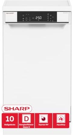 SHARP freistehender Geschirrspüler, 45 cm, Weiß, QW-NS1DF47DW-DE | EEK D, 10 Gedecke, 5 Programme, AquaStop