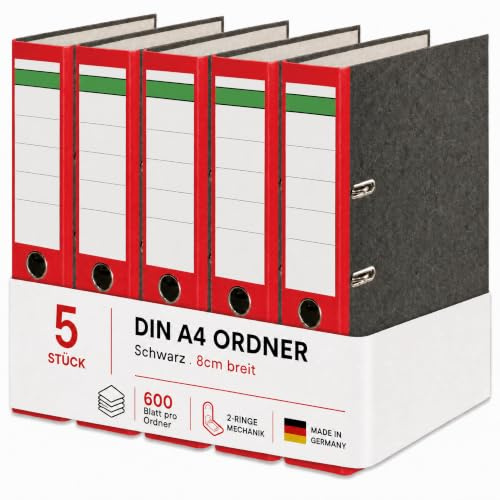 Conipa Ordner A4 Breit 8 cm, 5 Stück, Rot, für bis zu 600 Blatt | Robuste Aktenordner mit 2-Ring-Hebelmechanik, Griffloch und Recyclingkarton – für Büro, Schule & Homeoffice, Made in Germany