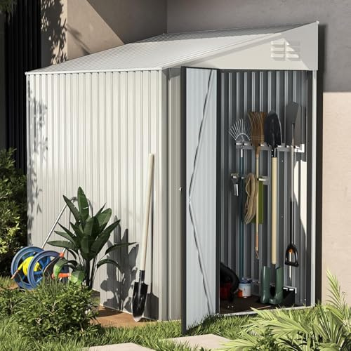 YODOLLA 4x7ft Abri de Jardin en Métal, Abri à Outils, Porte Verrouillable et Étanche, Abri de Jardin pour Outils, Vélos et Poubelles, Jardin et Terrasse (Blanc)