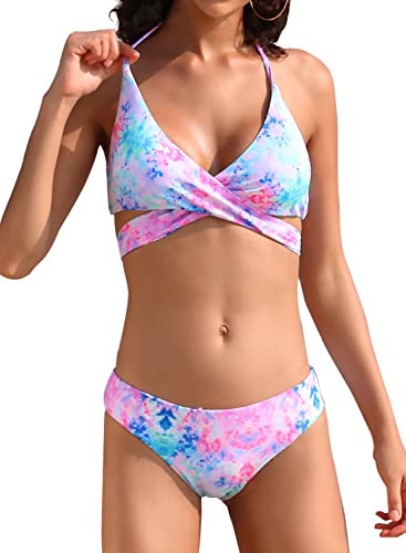 SHEKINI Damen Bikini Set Push up Verstellbar Crossover Ties-up Neckholder Bikinioberteil Zweiteiliger Badeanzug Triangel Gedruckt Niedrige Taille Sport Bikinihose Strandkleidung (S, Bunt)