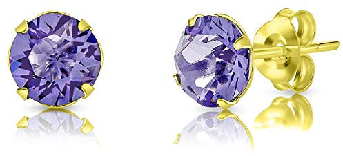 DTPSilver - Damen Ohrringe 925 Sterling Silber Gelb Vergoldet mit Kristallen von Swarovski® Elements 6 mm Runde Ohrstecker - Farbe : Tansanit