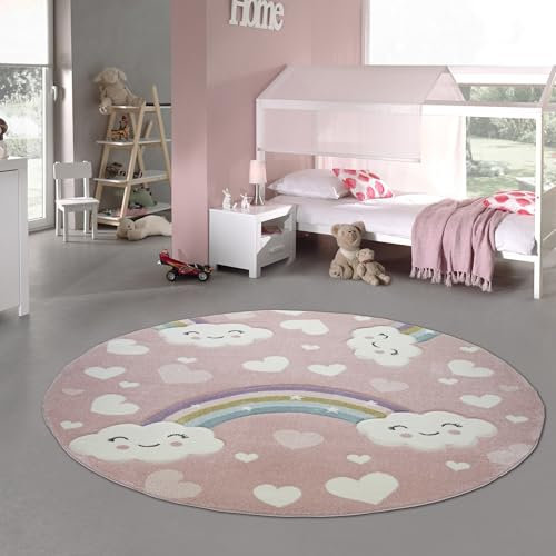 Teppich-Traum Kinderteppich Kinderzimmerteppich Regenbogen mit Wolken und Herzen in rosa Größe 120 cm Rund