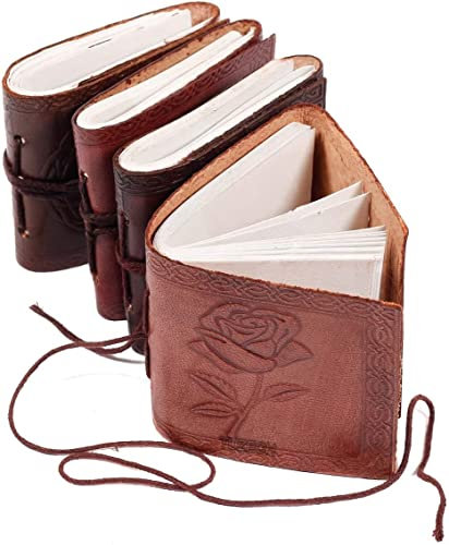 Tuzech Handmade Leather Set of 4 Mini Scrapbook Sketchbook Personal Notebook Blank Unlined Diary For Office||Artist|| Architect||Restaurants Vintage Journal for Men and Women (Goat Leather)