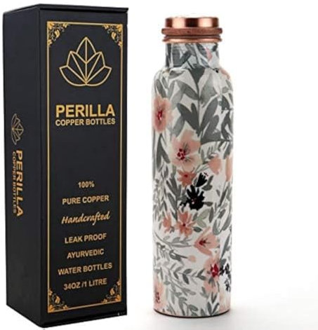 Perilla Home Printed Copper Water Bottle Leak Proof 100% Pure - an Ayurvedic Copper Vessel - Drink More Water and Enjoy The Health Benefits Immediately/Yoga Bottle (Grey)